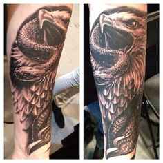 an eagle with a snake on its arm is shown in black and grey ink, while the