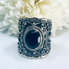 Title: The Queenly Exquisitely handcrafted sterling silver ring enhanced with tiny filigree and granulations. This ring is set with a vibrant black onyx surrounded by a rope-patterned bezel setting.  Dare to dazzle with a piece of jewelry designed to beautify your hand. Inspiration: Inspired by the kings and queens of the late Middle Age. Throughout history, onyx has been thought to bring powers of protection and defensive magic. In classical ceremonial magic, the image of the head of the god Ma Defensive Magic, Hand Inspiration, Oxidized Ring, Handmade Market, Natural Gemstone Ring, Filigree Pendant, Life Is Too Short, Nature Inspired Jewelry, Nature Jewelry