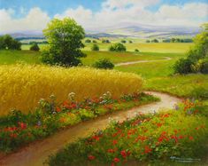 a painting of a dirt road in a field with flowers and trees on either side