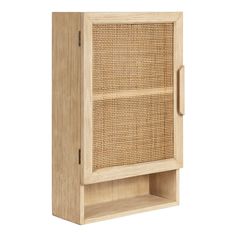 a wooden cabinet with wicker doors on the front and bottom shelf, against a white background