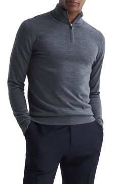 A stand collar and quarter-zip closure bring classy ease to a fitted sweater knit from expertly dyed mélange wool. 26" length (size Small) Stand collar Long sleeves 100% wool Hand wash, dry flat Imported Merino Wool Funnel Neck Polo Sweater, Classic Wool Half-zip Sweater, Wool Half-zip Polo Sweater, Half-zip Wool Polo Sweater, Dark Grey Suit, Dark Gray Suit, Grey Suit, Merino Wool Yarn, Gray Suit