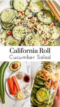 a collage of pictures with cucumber salads in mason jars and the words california roll