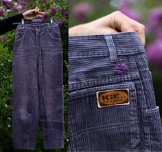 Looking for unique vintage trousers? These corduroy pants got handembroidered by me with botanical designs at the back which make them a one-of-a-kind piece. The color can be described as a dusty purple, very beautiful. More details and measurements below. DETAILS: -grayish-blueish purple corduroy 5-pocket-pants  -no size label, they fit very small, please compare measurements below -handembroidered by me with purple flower and green leave, pink lurex glitter yarn details -mid/highwaisted, relax Purple Corduroy Pants, Glitter Yarn, Embroidered Trousers, Blueish Purple, Purple Embroidery, Cord Pants, Cords Pants, Purple Pants, Vintage Trousers