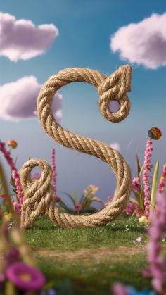 the letter s is made out of rope and surrounded by pink flowers in front of a blue sky with white clouds