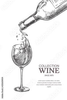 a drawing of a wine glass with a bottle pouring it into it, on a white background