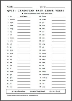 a printable quiz for irregular fast tense verbs, with the words and numbers below it