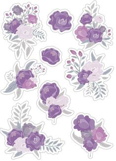 purple flowers and leaves stickers on a white background