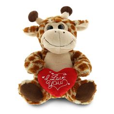 a stuffed giraffe holding a heart with the words i love you on it