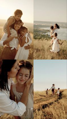 two women and one man are posing for pictures in an open field with their arms around each other