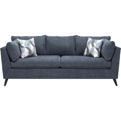 a blue couch with two pillows on it's back and one arm facing the camera