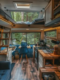 the inside of an rv with wood flooring