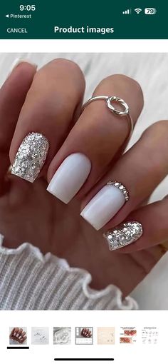 White Silver Nails Short, Best Nails For 2023, Pink And White Wedding Nails, Silver And White Nails, Platinum Nails, White Silver Nails, Winter Nails White, White Press On Nails, Fake Nails White