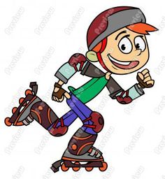 a cartoon boy riding a skateboard with one foot on the board and wearing a helmet