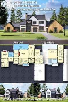 two story house plan with 3 bedroom and 2 bathrooms in the front, three car garages on each side