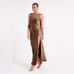 Never Worn! Brown Silk Maxi Dress For Party, Brown Satin Maxi Dress For Evening, Elegant Brown Satin Maxi Dress, Elegant Brown Slip Dress For Evening, Chic Brown Satin Maxi Dress, Chic Brown Dress For Dinner, Chic Brown Dinner Dress, Brown Satin Sleeveless Maxi Dress, Brown Evening Maxi Dress