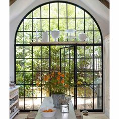 black iron french single door with two big sidelights, big round transom and and 15-lite glass Industrial Windows, Steel Doors And Windows, Metal Windows, Steel Windows, Casas Coloniales, Country Homes, Beautiful Windows, Dream Spaces, Beautiful Space