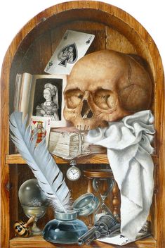 a painting of a human skull on a shelf with other items in front of it