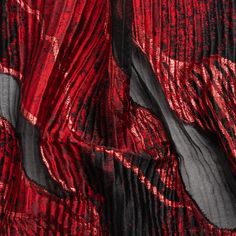 Set fire to your wardrobe with this Metallic Red and Black Abstract Formations Ribbed Burnout Luxury Brocade! A red and black sky parts to display sheer black sections as striped metallic clouds stretch across the face. The intricate weave creates a heavily ribbed texture, bringing dimension to the slick hand. With its semi-structured (yet voluminous!) drape, wonderful luster, and detailed face, this brocade evokes a sense of luxury. For profound garments and special-occasion formal wear, create Red And Black Abstract, Mood Designer Fabrics, Ombre Fabric, Structured Jacket, Black Sky, Mood Fabrics, Fabric Red, Ribbed Texture, Black Abstract