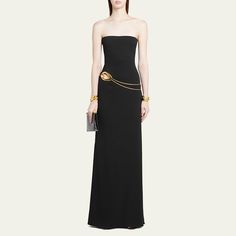 TOM FORD stretch sable strapless evening dress features a gold-tone front cutout with chain detailing Sleeveless Full length  Column silhouette  Concealed back zip  Viscose/elastane/nylon/polyamide Made in Italy Luxury Strapless Dress For Gala, Luxury Strapless Maxi Dress For Formal Occasions, Luxury Strapless Mini Dress For Formal Occasions, Luxury Strapless Dress, Luxury Strapless Evening Dress, Luxury Gold Strapless Dress, Elegant Gold Strapless Dress, Gold Evening Dress With Chain Strap, Chic Gold Strapless Dress For Evening