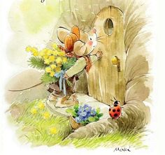 a greeting card with a cartoon mouse holding flowers and a ladybug on the ground