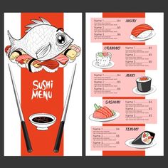 the menu for sushi restaurant with an image of a fish and sushi on it