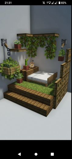 a bed sitting in the middle of a room with plants growing on it's headboard