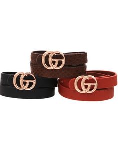 A simple twist on a classic Gucci style belt for women. Same look and feel, but without the hefty price tag. What's more, our belts come in a 3 pack so you'll always have the right color! They feature a gorgeous faux leather strap and a double o-ring buckle! 3 Pack Belt Options: Brown Multi = 1 White belt, 1 Brown Belt, 1 Black Belt Snake Multi = 1 White Snake Pattern Belt, 1 Grey Snake Pattern Belt, 1 Black Snake Pattern Belt Tan Cheetah = 1 Black solid belt, 1 Rust solid belt, 1 Tan cheetah pr Gg Belt, Gucci Style, White Snake, Snake Pattern, Brown Texture, Belt For Women, Snake Patterns, Black Snake, Gucci Fashion