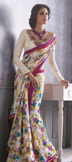 Floral White Floral Saree, Flower Print Saree, Floral Sari, Orang India, Purple Border, Floral Saree, Print Saree