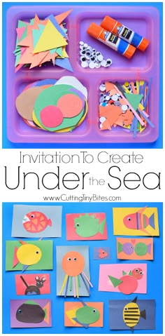 an ocean themed tray with paper cut outs and crayons to make it look like they are under the sea