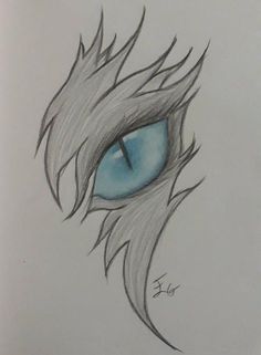 a drawing of an eye with long hair and blue eyeshade, drawn in pencil