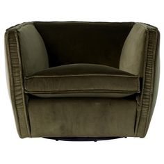 an olive green chair with a black base