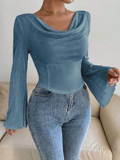 Blue Casual Collar Long Sleeve Knitted Fabric Plain  Embellished Medium Stretch  Women Clothing Blue Casual Outfits, Cute Aesthetic Tops, Blue Long Sleeve Outfit, Pleated Outfit, Classy Tops, Tight T Shirt, Long Sleeve Corset Top, Beautiful Tops, Chic Dress Classy