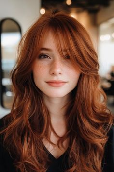 Vibrant Natural Red Hair, Vibrant Auburn Hair Color, Natural Red Hair Dye Ideas, Mid Length Auburn Hair, Straight Red Hair With Bangs, Cool Tone Auburn Hair, Copper Penny Hair Color, Medium Length Hair With Long Bangs, Red Hair Color For Brunettes