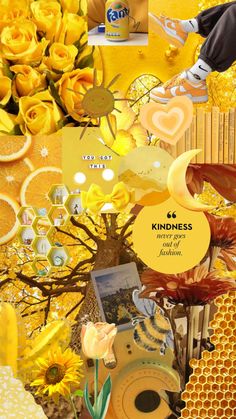 a collage with yellow flowers and pictures on the bottom right hand corner is an image of a beehive