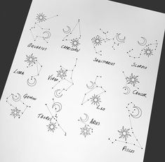 the zodiac signs are drawn on paper and placed next to each other with their names