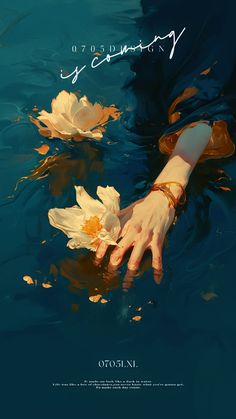 a person's hand in the water with flowers floating on it, and an inscription that reads spring is coming