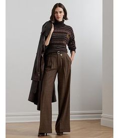 Lauren Ralph Lauren Wilva Wool Checked Pleated Coin Pocket Pants | Dillard's Brown Wool Pants Outfit, Wide Leg Pants Outfit Formal, Wool Trousers Women Outfit, Ralph Lauren Outfits Women, Trousers Women Outfit, Wide Leg Trousers Outfit, Lauren Brown, Trouser Outfit, Ralph Lauren Style