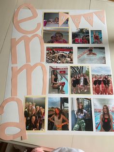 a collage of photos with the word swim spelled out in pink and white letters