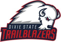 the dixie state trailblazers logo is shown in red, white and blue colors