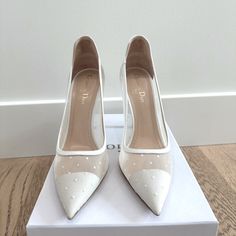 Brand New, Never Worn Dior Pumps In Size 10 (40). Heels Are 105mm High. Comes With Box And Dust Bag. White Shoes Pumps, Elegant Pointed Toe Heels With Perforations, Chanel Wedding Shoes, Dior Pumps, Dior Shoes Heels, Dream Wedding Shoes, Designer Wedding Shoes, T Strap Shoes, Bridal Heels