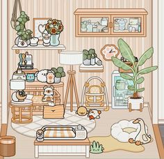 a living room filled with furniture and lots of plants on top of shelves next to a potted plant