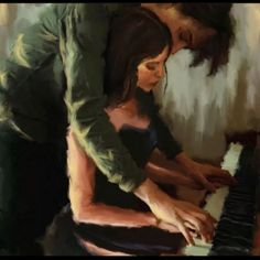 a painting of a man and woman playing the piano