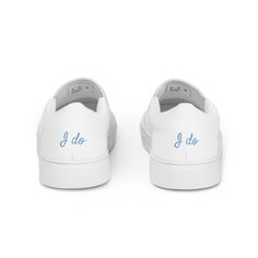 MENS WHITE SLIP-ON CANVAS SHOES WITH TEXT I DO ON THE BACK IN ICE BLUE COLOR. CUTE GROOM SHOES FOR A CASUAL OR BEACH WEDDING. Please check the sizing chart between the listing photos. Made for comfort and ease, these men's slip-on canvas shoes are stylish and the ideal piece for completing an outfit. Equipped with removable soft insoles and rubber outsoles, it's also easy to adjust them for a better fit. *  100% polyester canvas upper side *  Ethylene-vinyl acetate (EVA) rubber outsole *  Breath Bridal Pool Party, Sneakers For Bride, Shoes Beach Wedding, Wedding Sneakers For Bride, Bride Sneakers, I Do Shoes, Wedding Shoes Sneakers, Casual Bride, Bridal Sneakers