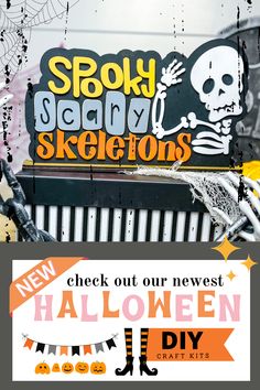 a sign that says spooky scary skeletons on the side of a building with halloween decorations