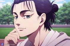 an anime character with black hair and green eyes looking at the camera while standing in front of a baseball field