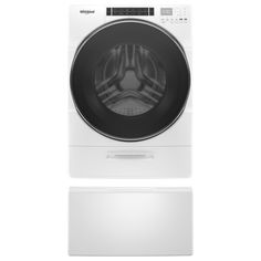 a front load washer and dryer sitting side by side on a white background