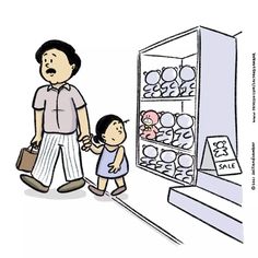 a man and child standing in front of a refrigerator