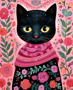 a painting of a black cat with yellow eyes wearing a pink scarf and surrounded by flowers