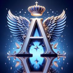 the letter a with wings and a crown on top is surrounded by blue stars in front of a dark background