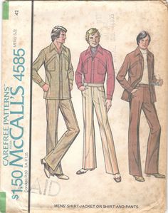 McCall's 4585; Men' Shirt-jacket or Shirt and Pants. Stitch trimmed, yoked shirt-jacket or shirt has neckband type collar, buttoned front bands and patch pockets; sleeves are pleated into buttoned cuffs. Pants with inset pockets, zipper in fly front opening, and back patch pockets have buttoned and hooked waistband. Copyright 1975 Size: 40 Chest: 40 Waist: 34 Hip: 41 Copyright: 1972 This pattern is uncut and factory folded. OR Size: 42 Chest: 42 Waist: 36 Hip: 44 This pattern is cut and complete Mens Sewing, Yoke Shirt, Wrap Skirt Pattern, Mens Sewing Patterns, Clothes Illustration, American Hustle, Man Clothes, Night Watch, Seventies Fashion